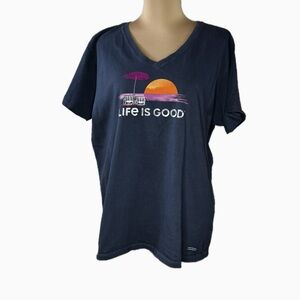 Life Is Good Womens XL Crusher Tee V-Neck Beach Sunset Graphic Short Sleeve
